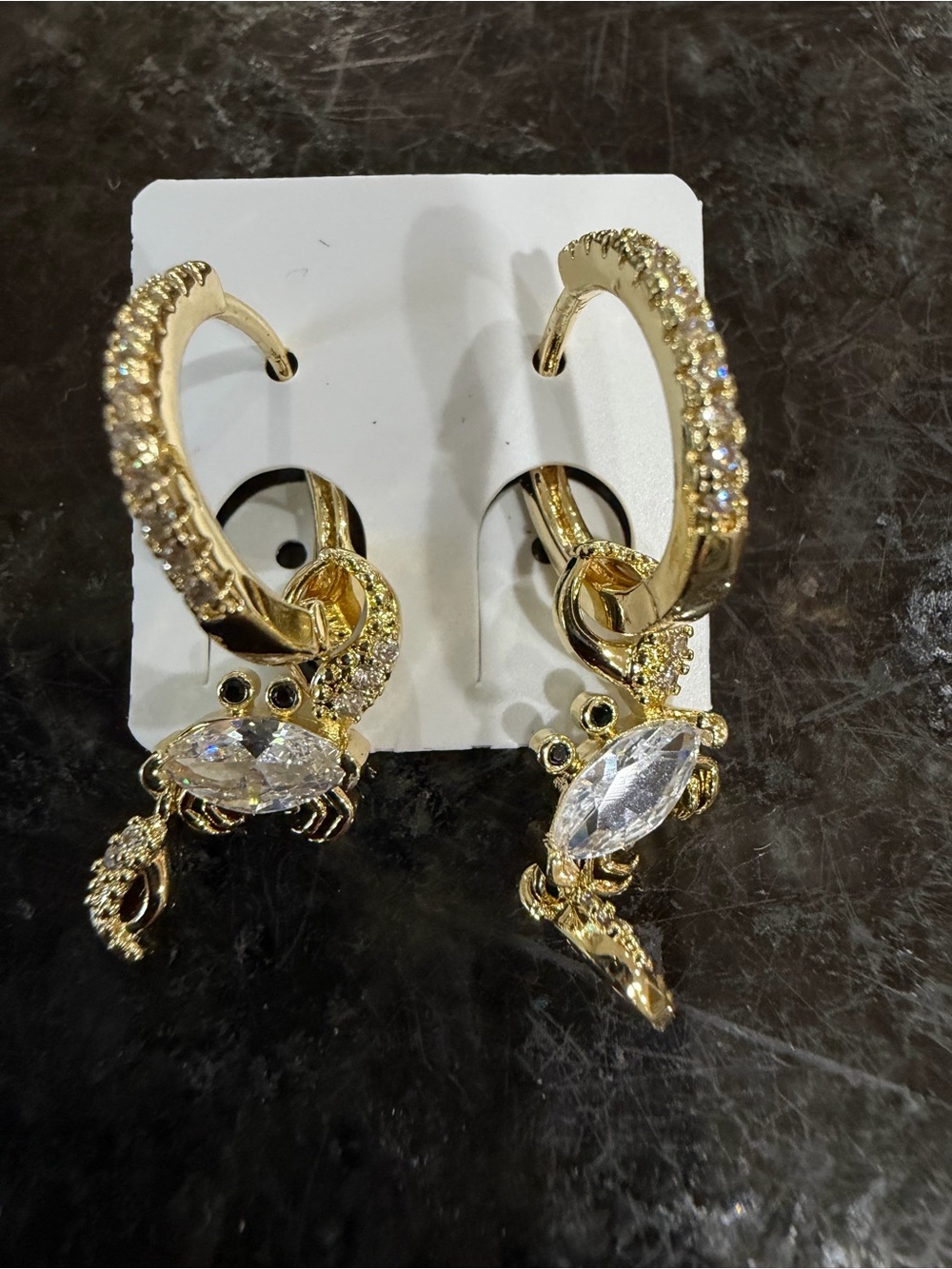 Pretty Bird Gold Hoop Huggie Earrings with Clear Crystal Crab Drops